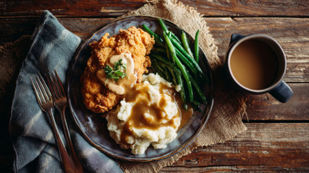 A comforting meal featuring crispy fried chicken, creamy mashed potatoes topped with gravy, vibrant green beans, and a cup of coffee on a rustic wooden table.の素材