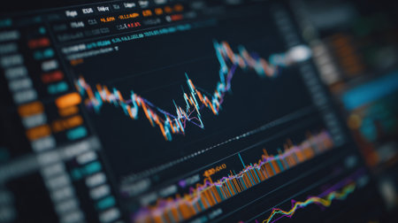 Vibrant stock market chart showcases real-time price movements with colorful indicators and trading volume analysis, ideal for financial insights and investment strategies.の素材