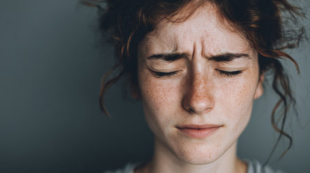 A striking close-up portrait features a young woman with closed eyes and a furrowed brow, evoking feelings of vulnerability and deep emotional reflection in a minimalist, intimate setting.の素材