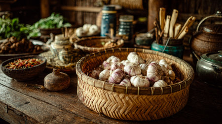 A beautiful arrangement of fresh garlic bulbs in a woven basket, placed on a wooden table surrounded by an assortment of herbs and spices, creating a warm kitchen atmosphere.の素材