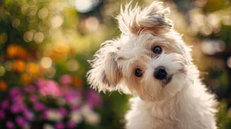 A charming small dog with fluffy fur tilts its head playfully in a vibrant flower garden, radiating warmth and happiness under the bright sunny sky.の素材
