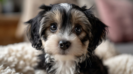 This charming puppy radiates innocence and curiosity while resting on a soft blanket in a bright modern living room, perfect for animal lovers and pet enthusiasts.の素材