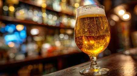 Enjoy a refreshing glass of golden beer displayed on a bar counter, set against a blurred background of lively pub ambiance, perfect for social gatherings.の素材