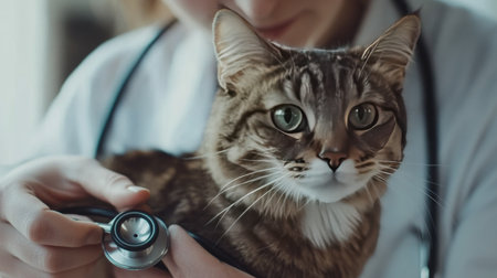 A veterinarian lovingly examines a cat with a stethoscope in a bright clinic setting, showcasing the bond between animals and their caregivers.の素材