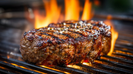 A succulent beef steak grilled to perfection over flames, showcasing vibrant colors and inviting textures, ideal for gourmet cooking and outdoor dining enthusiasts.の素材