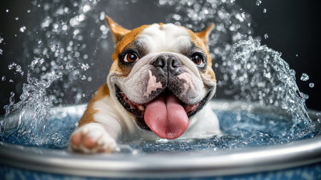 A joyful dog splashes playfully in a water bowl, showcasing a vibrant personality and adorable expressions, perfect for pet lovers and animal enthusiasts.の素材