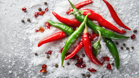 A vibrant arrangement of fresh red and green chili peppers on a bed of coarse salt, accented with peppercorns, perfect for culinary creations.の素材