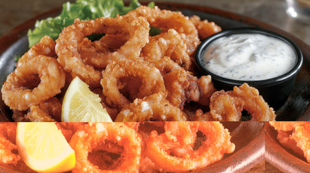 Enjoy a tempting plate of crispy fried calamari served with a wedge of lemon and a creamy dip, perfect as an appetizer or snack.の素材