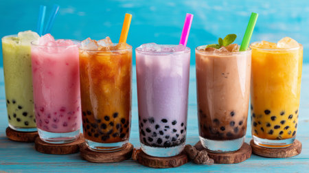 A vibrant display of various bubble teas in tall glasses featuring colorful layers, ice, and round tapioca pearls, ideal for a refreshing drink experience.の素材