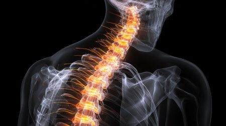 This illustration showcases the detailed anatomy of the human spine, emphasizing vertebrae and surrounding structures, suitable for education in health sciences.の素材