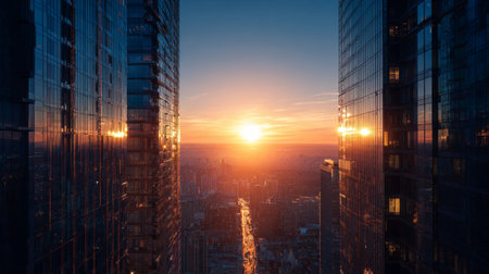 Majestic view of a sunset captured between two towering skyscrapers creating a beautiful cityscape, showcasing reflective glass and warm hues in the evening sky.の素材