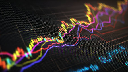 This image showcases a vibrant stock market graph with colorful trend lines and fluctuating prices, highlighting financial growth and comprehensive economic analysis.の素材