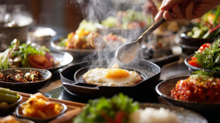 A steaming skillet featuring an egg is surrounded by a variety of colorful dishes, creating a warm and inviting atmosphere perfect for any dining occasion.の素材