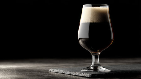 This image showcases a beautifully styled glass of dark beer featuring a rich foam, perfect for emphasizing themes of leisure, enjoyment, and refined taste in beverage photography.の素材