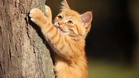 A charming orange kitten playfully climbs a tree, showcasing its adorable fur and curious expression in a sunlit outdoor setting. Perfect for animal lovers!の素材