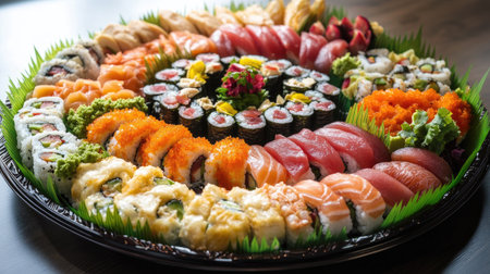A beautifully arranged sushi platter featuring a variety of rolls, fish, and fresh ingredients, perfect for parties, celebrations, or gourmet dining experiences.の素材