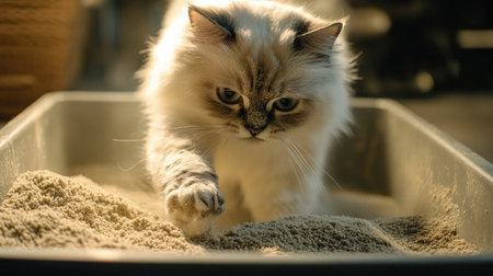 A fluffy domestic cat explores a litter box, showcasing its curious nature. The soft fur and inquisitive glance highlight everyday pet life in a cozy indoor setting.の素材