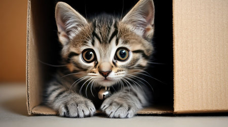 A charming kitten peeks out from a cozy cardboard box, showcasing its large, expressive eyes and playful demeanor. Perfect for animal lovers!の素材