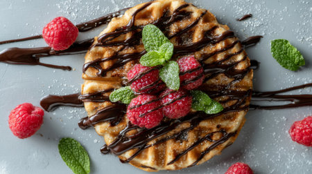 A delectable waffle topped with vibrant raspberries and mint leaves, elegantly drizzled with chocolate sauce, creating an enticing dessert perfect for any occasion.の素材