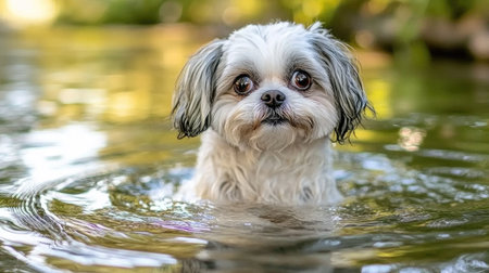 A charming dog enjoys a playful moment in the water, surrounded by lush greenery. This delightful scene captures the essence of joy and relaxation.の素材