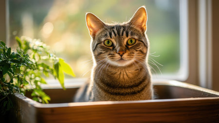 A charming cat sits in a sunlit window box, surrounded by lush greenery. Its curious expression and soft fur create a vibrant, serene atmosphere.の素材