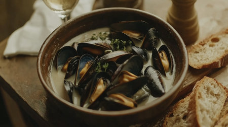 Indulge in a bowl of fresh mussels cooked in a rich cream sauce, garnished with herbs. Perfect for gourmet dining or cozy meals at home.の素材