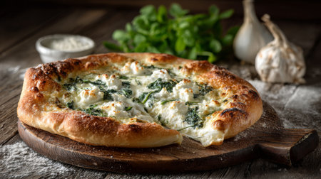 A mouthwatering pizza featuring creamy spinach and cheese on a rustic wooden board, surrounded by fresh garlic and herbs, perfect for any meal gathering.の素材