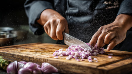 A skilled chef demonstrates the art of chopping fresh onions on a wooden cutting board, highlighting the intricacies of food preparation in a rustic kitchen atmosphere.の素材
