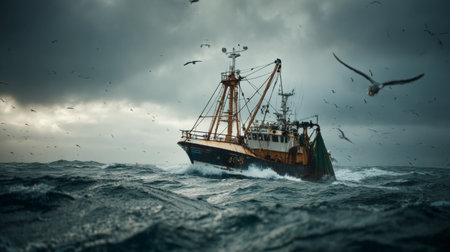 A dramatic scene of a fishing vessel fighting against turbulent waves in a stormy sea. Seagulls flock around the boat, highlighting natureの素材