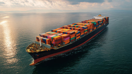 An impressive aerial view of a large cargo ship navigating through serene ocean waters, loaded with vibrant containers against a stunning sky, showcasing maritime trade.の素材