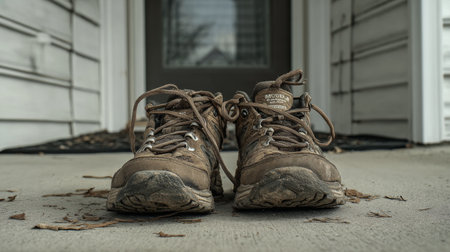 A pair of well-worn hiking boots rests on a porch, surrounded by fallen leaves, evoking a sense of adventure and connection to nature in a tranquil domestic setting.の素材