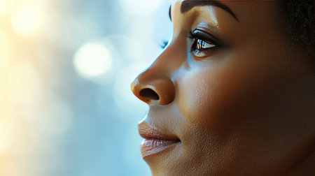 Close-up portrait of a thoughtful woman in profile, capturing her serene expression and the soft lighting that enhances the beauty of her features.の素材