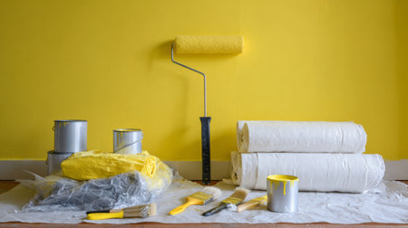 This image showcases a vibrant yellow wall alongside various paint supplies and tools, ideal for home renovation or DIY projects, highlighting creativity and preparation.の素材