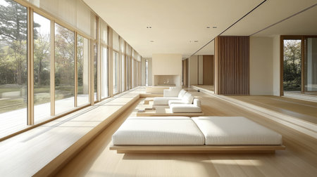 Bright and airy minimalist living room featuring natural light, wooden accents, and cozy seating for a tranquil and modern atmosphere. Perfect for relaxation.の素材