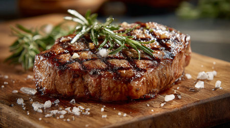 This mouthwatering grilled steak showcases rich flavors and perfect grill marks, garnished with fresh rosemary and sea salt, ideal for culinary enthusiasts.の素材