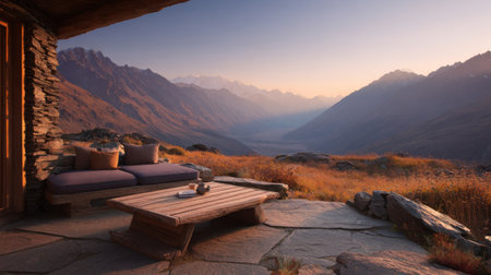 Experience the serene beauty of a mountain retreat featuring a cozy outdoor lounge overlooking a stunning valley at sunset, perfect for relaxation and tranquility.の素材