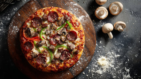 A mouthwatering round pizza topped with pepperoni, mushrooms, green peppers, and ground beef, beautifully presented on a wooden board with flour scattered around.の素材