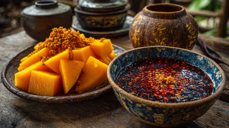 A vibrant display of fresh tropical fruit slices paired with a spicy sauce, set in traditional pottery. This rustic scene invites culinary exploration and enjoyment.の素材