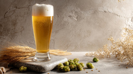 A glass of refreshing golden beer topped with frothy foam, placed on a textured background with barley and hops, perfect for crafting beverage concepts and showcasing.の素材