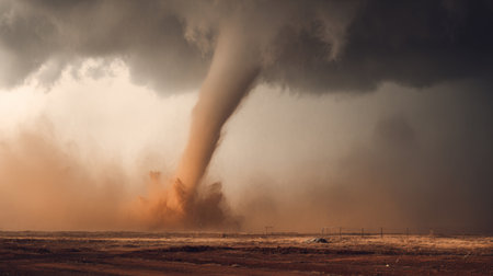 A powerful tornado touches down in a rural area, raising debris and dirt, with dark clouds swirling above, showcasing the raw energy and danger of nature's force.の素材