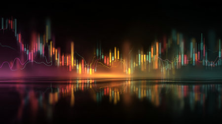 Explore this stunning abstract illustration of a financial chart featuring colorful candlesticks and trading indicators, reflecting beautifully on a dark surface.の素材