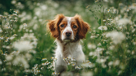 A lovely puppy gazes intently in a vibrant wildflower field, capturing the essence of youth and curiosity in a serene nature setting. Perfect for pet lovers.の素材