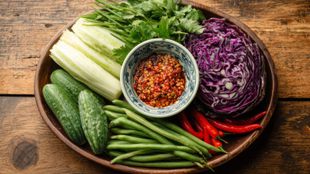 A beautiful display of fresh, vibrant vegetables alongside a spicy sauce. Perfect for healthy cooking, meal preparation, and adding flavor to various dishes.の素材