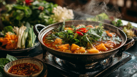 A steaming pot of aromatic soup filled with fresh vegetables and herbs showcases the beauty of traditional Asian cuisine in a cozy kitchen setting.の素材