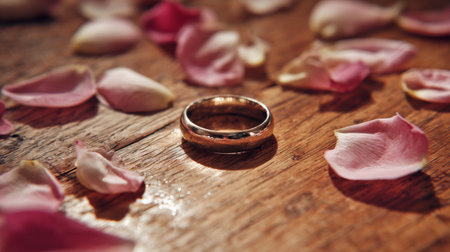 A beautiful close-up of a wedding ring resting on a wooden surface, surrounded by soft pink rose petals, capturing a moment of love and elegance in natural light.の素材