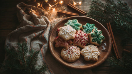 A beautiful display of colorful Christmas cookies on a wooden plate evokes the spirit of the holidays, perfect for festive gatherings and seasonal enjoyment.の素材