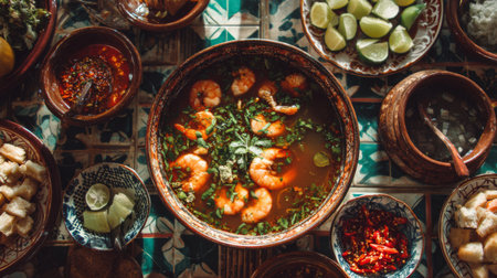 Discover a vibrant bowl of shrimp soup surrounded by fresh herbs, lime, and spices, creating a colorful and inviting dining experience perfect for gatherings.の素材