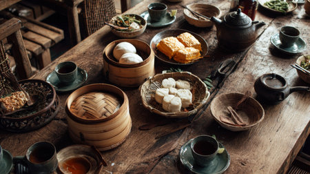Experience a cozy dining atmosphere with a rustic wooden table filled with assorted Asian dishes, steaming tea, and natural utensils, perfect for sharing meals.の素材