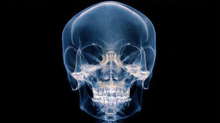 This X-ray image reveals a detailed view of the human skull, showcasing the intricate bone structure and jaw alignment, ideal for educational and medical use.の素材