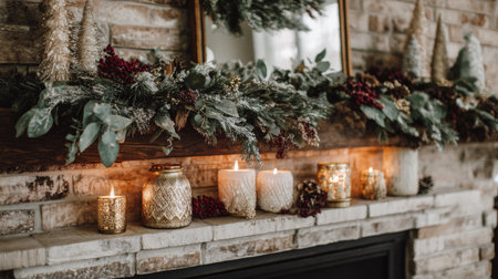 Elegant holiday decor graces a fireplace mantle with soft lighting, bringing warmth and charm to a cozy home setting. Delightful candles illuminate festive greenery and ornaments.の素材